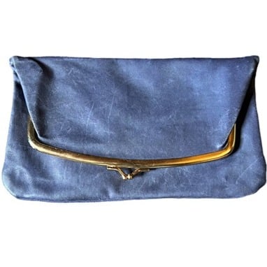 Vtg 1950s Budd Leather Blue Foldover Clutch w/Kiss Clasp & Attached Change Purse