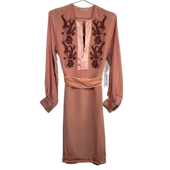 St. Roche Taupe‎ Silk Embroidered Midi A-Line Dress