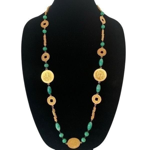 Vintage Kenneth Jay Lane Asian Medallion Green Jade Necklace