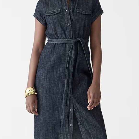 J. Crew Short-sleeve tie-waist button-up denim Midi dress Casual Summer NWT 18