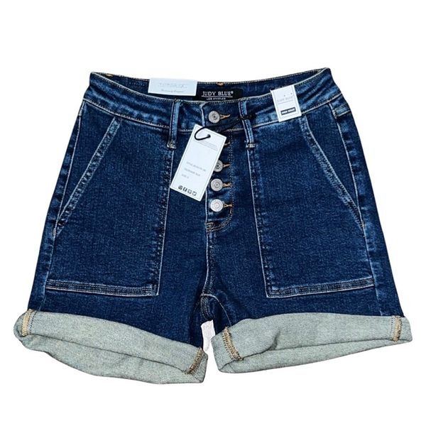 NWT Judy Blue Dark Wash High Waist Button Fly Cuffed Denim Shorts Small #95