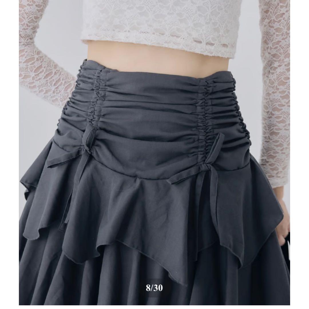 Drawstring Ribbon Tiered Long Skirt Black Maxi