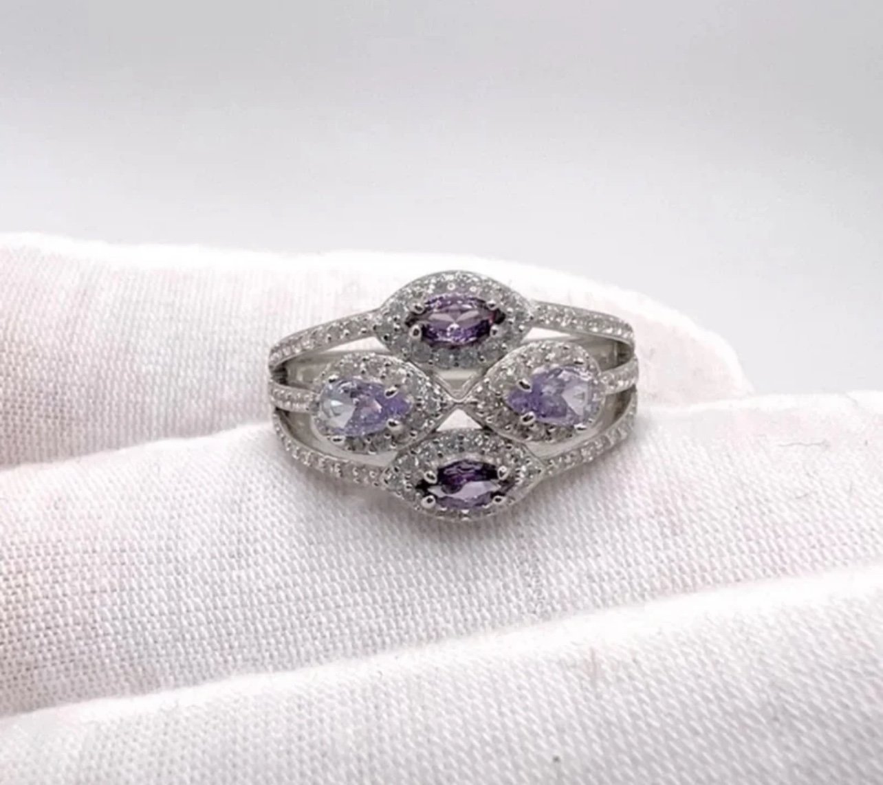 White Gold Plated over Sterling Silver Amethyst Cz and Lavender Cz Ring