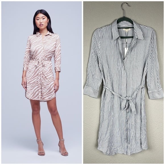NWT L’Agence Addison Shirt Dress Tie Waist Button Front Blue White Stripe XS T