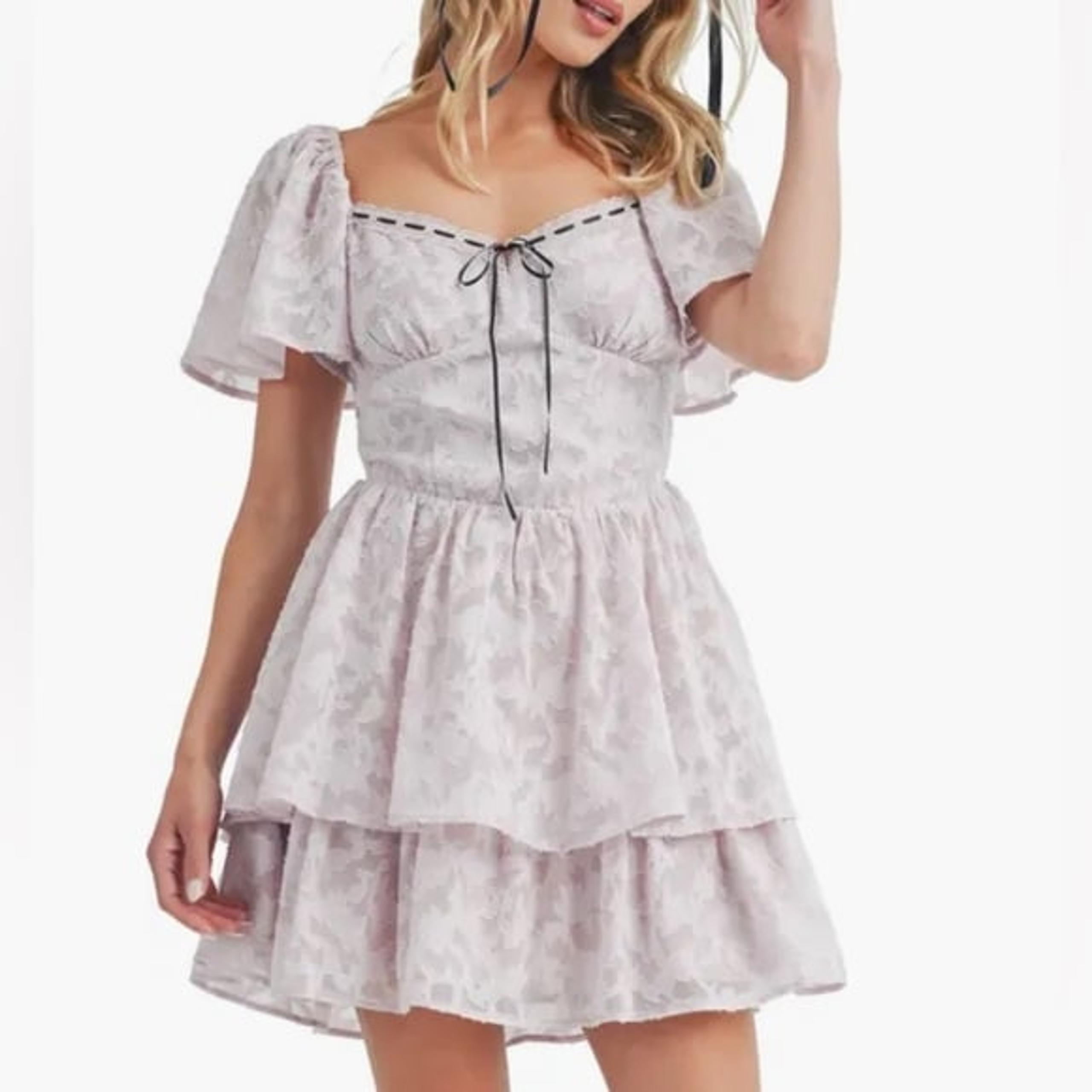 NWT [Lush] Short Sleeve Tiered Lace Mini Dress in Pale Pink Womens Sz Small