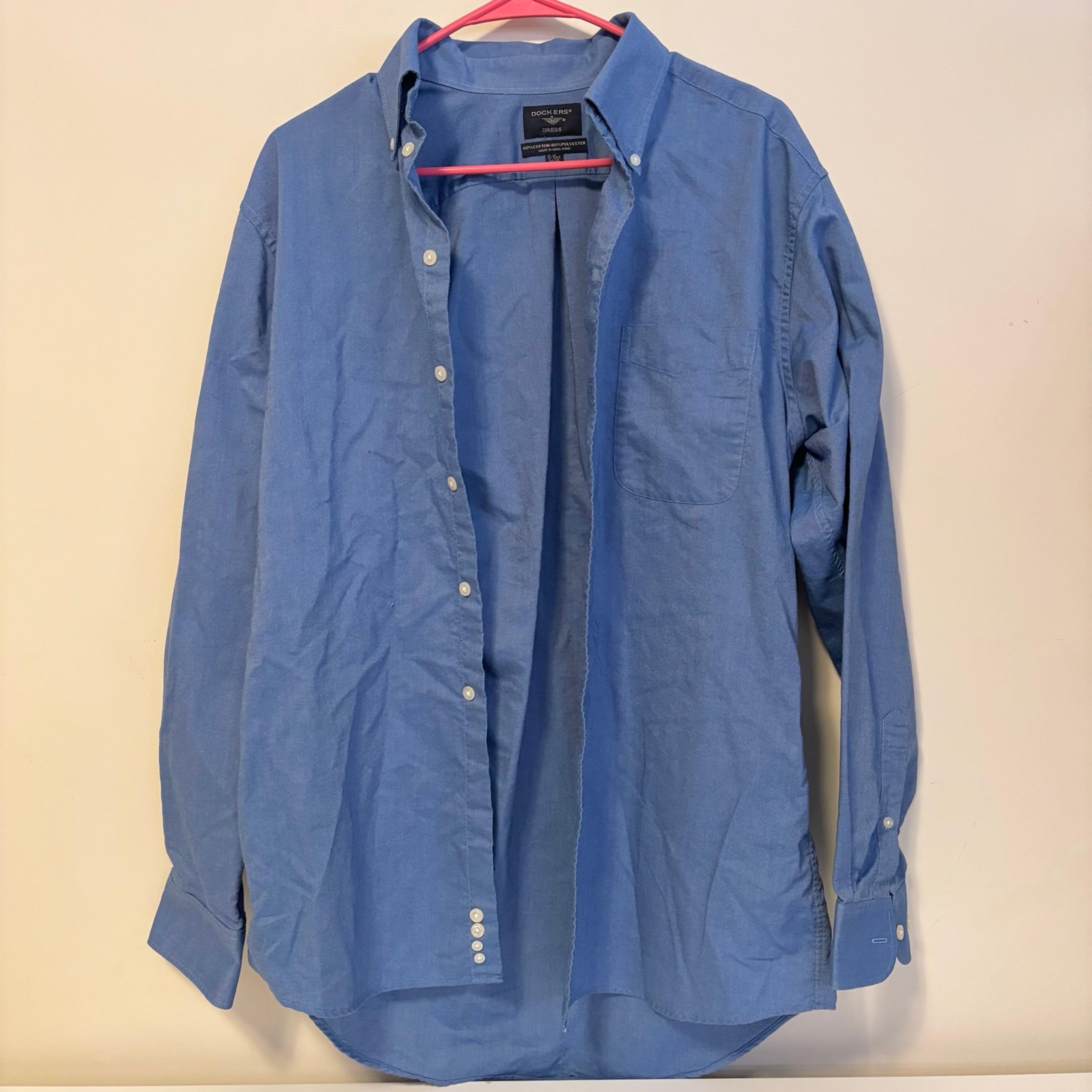 Mens Dockers Long Sleeve Collared Button Down Shirt Blue Cream Buttons 15 - 15.5