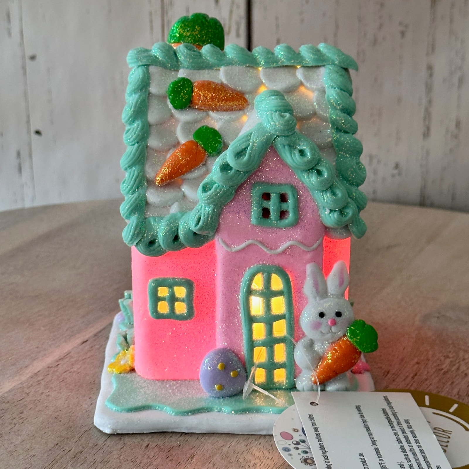 Easter Gingerbread House Tabletop Claydough LED light up Pink White Pastel New