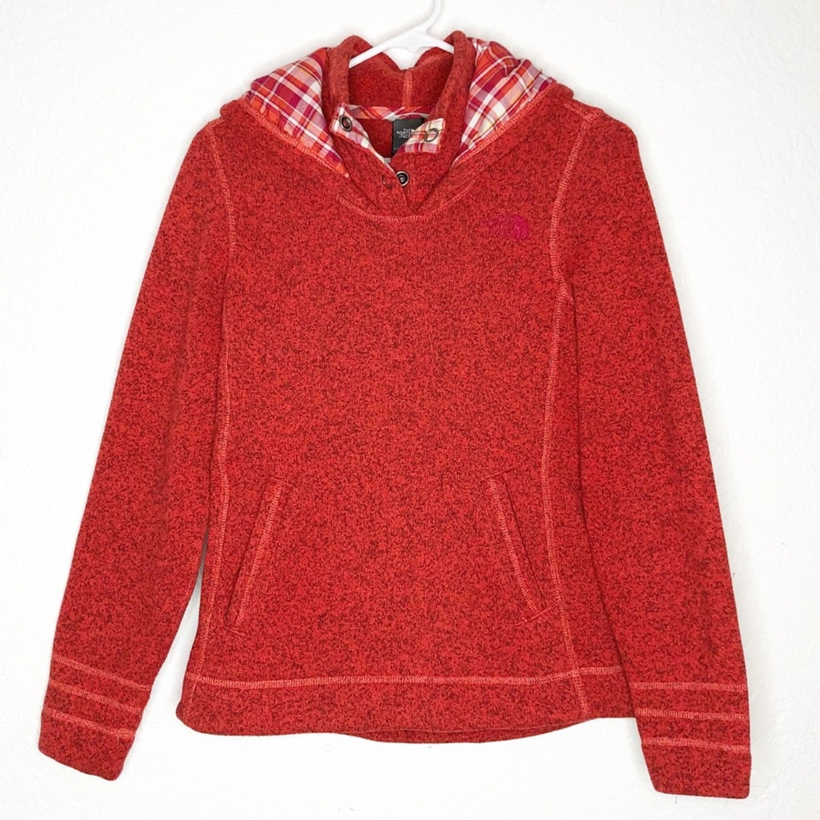 The North Face orange red plaid trim sweater knit hooded pullover size Small