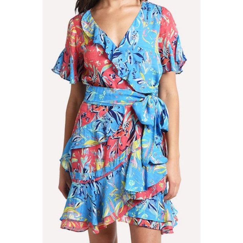 Tanya Taylor Bianka Silk Faux Wrap Floral Print Ruffle Mini Dress Size 4 Women's