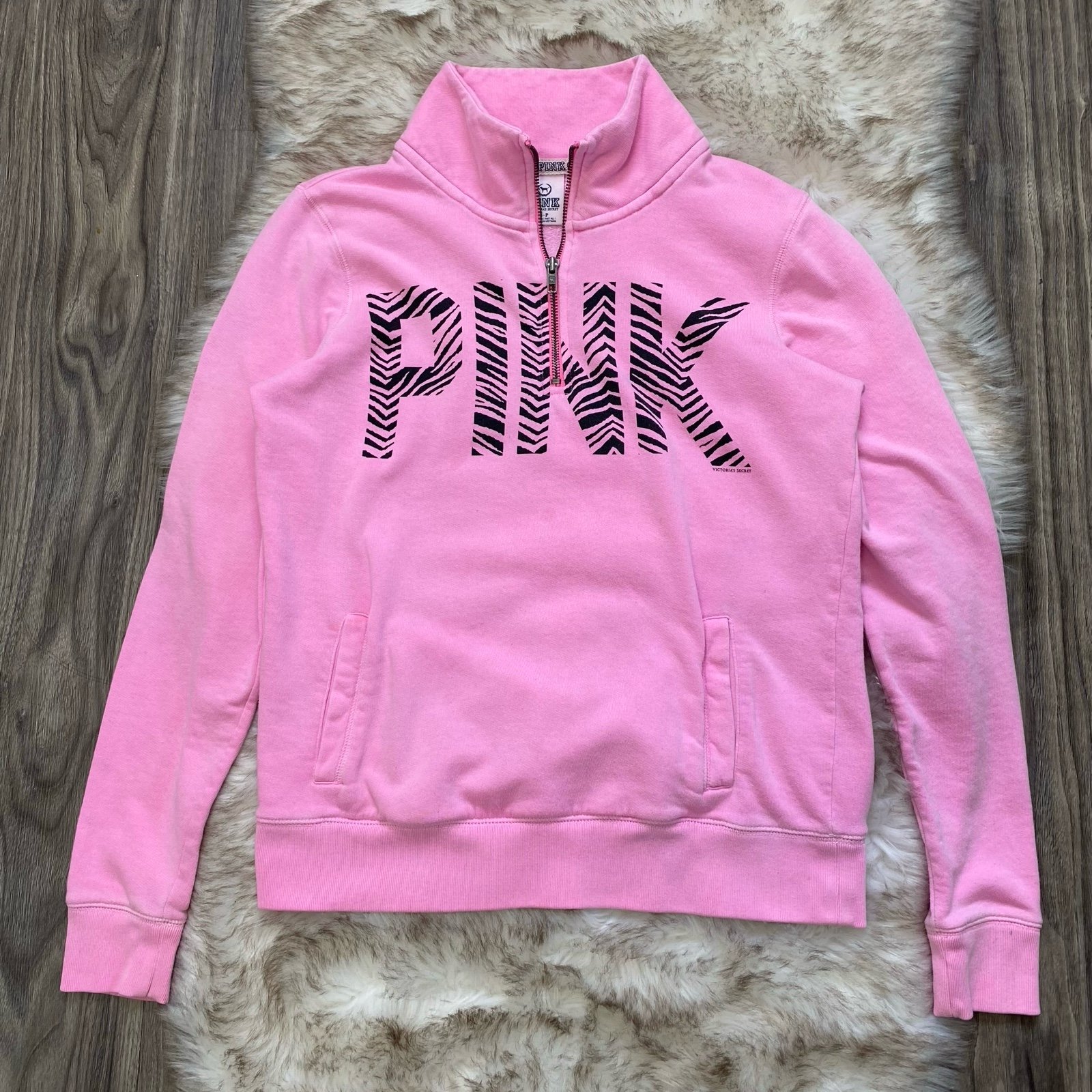 Y2K 2011 VS Pink Zebra Print Logo Quarter Zip Sweatshirt