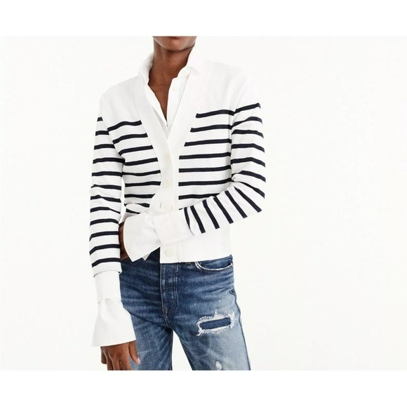 J. Crew Lightweight Nautical Striped Cropped Cardigan Sweater Navy White XL