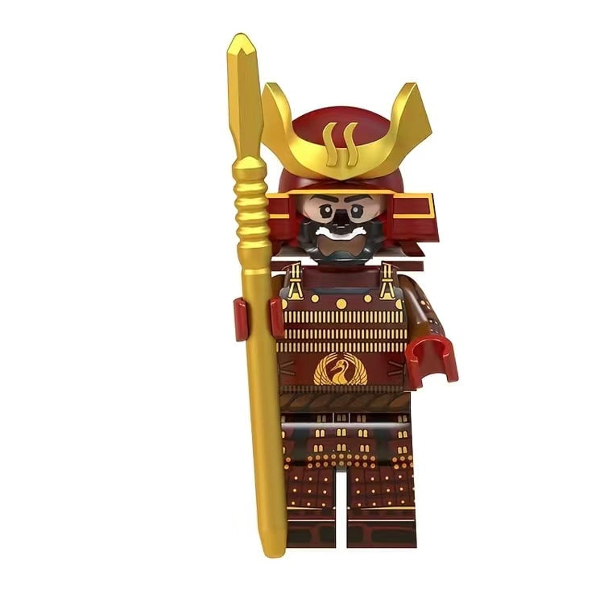 1PC Red Samurai Warrior With Gold Spear Minifigure - Building Block