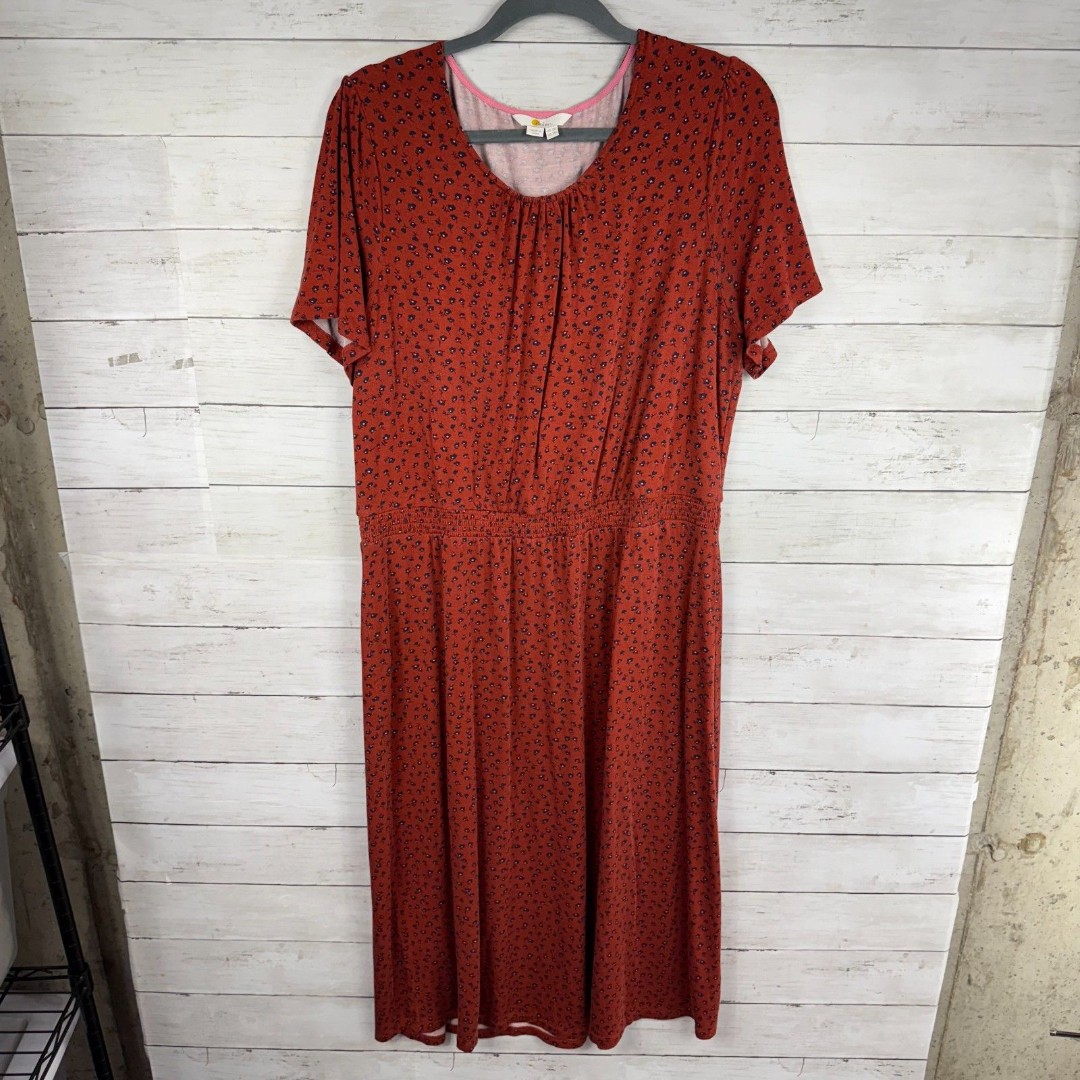 Boden Red Floral Shirred Waist Midi Dress