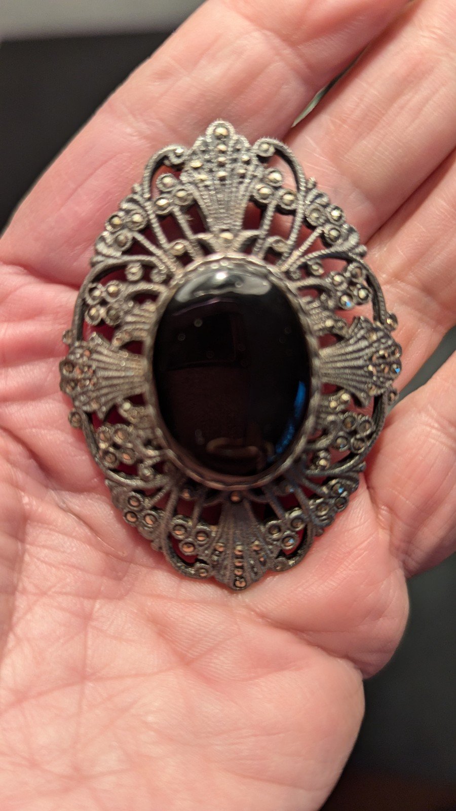 Vintage (1930's) Sterling Silver and Onyx ladies brooch.