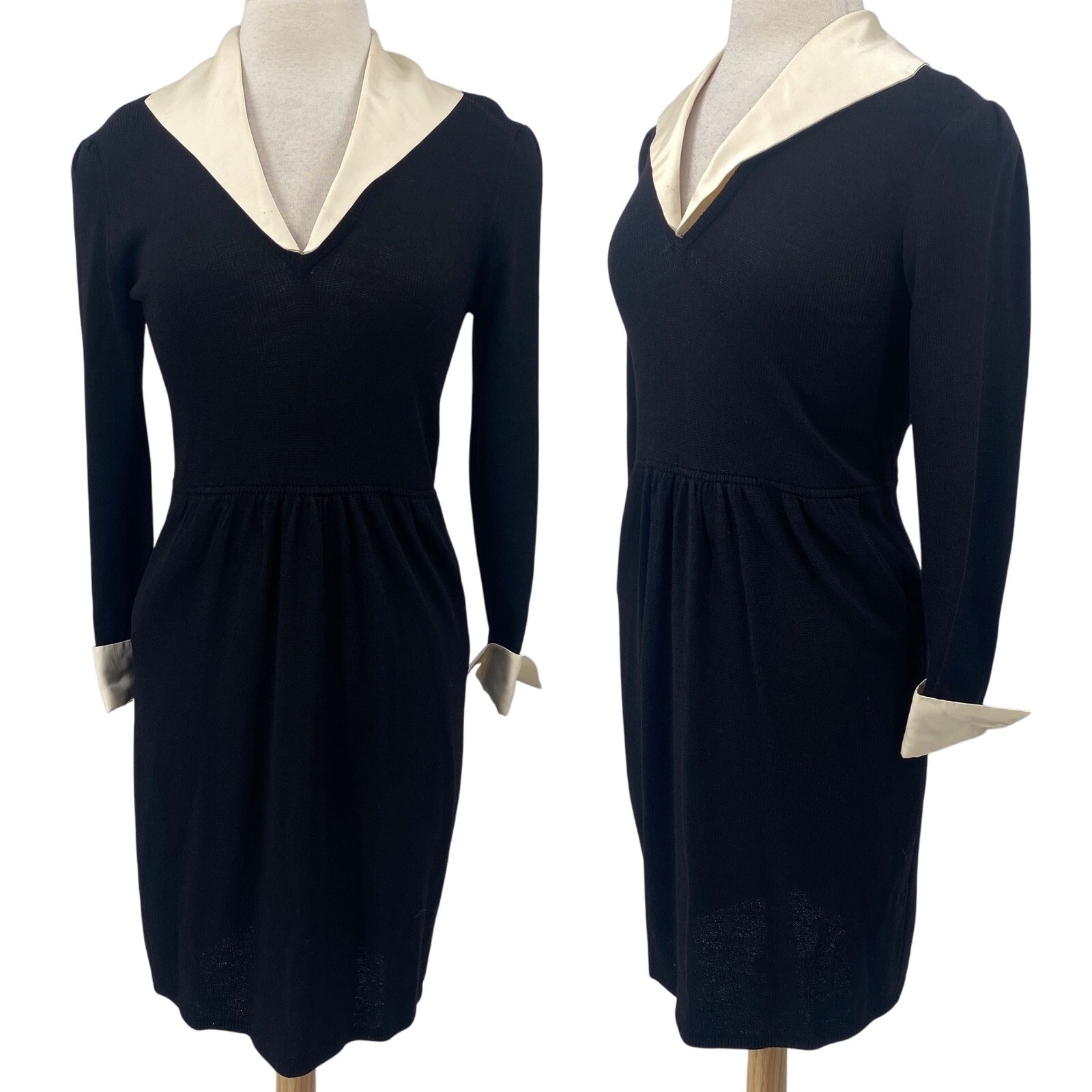 Vintage St. John Knit Sweater Dress Satin Collared Cuffed Long Sleeves Black 8