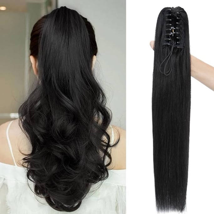 Claw Clip Ponytail Extension Human Hair 22 Inch Dark Black