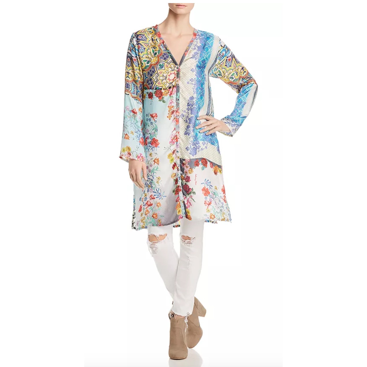 JOHNNY WAS Witteau Patchwork-Print Silk Cardigan PXS NWT