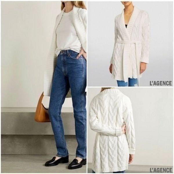 L'AGENCE Jax Cable Knit Belted Cardigan in Cream sz. S/M
