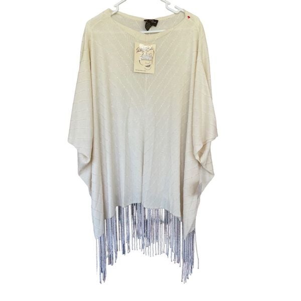 Patti LaBelle Womens Beige Boatneck Metallic Thread Missy Fringe Poncho One Size