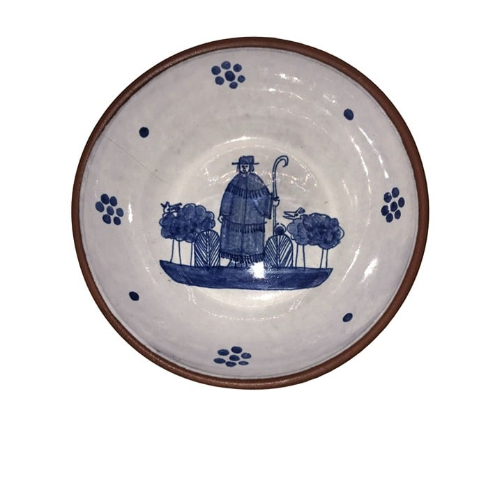Signed Portuguese Terracotta White Cobalt Blue Glazed Bowl 8 Shepard and Sheep