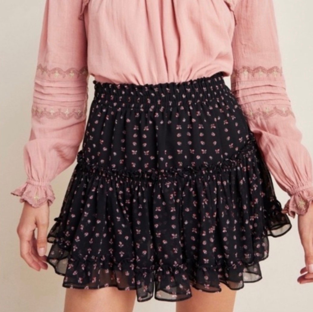 MISA Los Angeles tiered Willa Skirt Dainty Rosette Floral Black