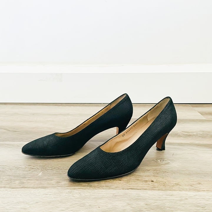 Salvatore Ferragamo Black Embossed Vintage Heels 9