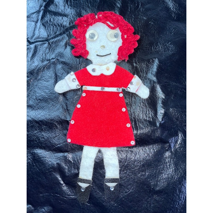 Handmade Felt Raggedy Ann Rag Doll Red Dress & Curly Hair Google Eyes Magnet