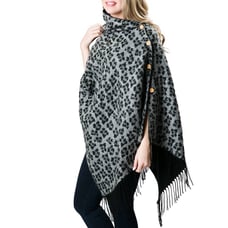 Reversible Leopard Fringe Button Wrap Shawl Poncho Gray Black Multiple Ways