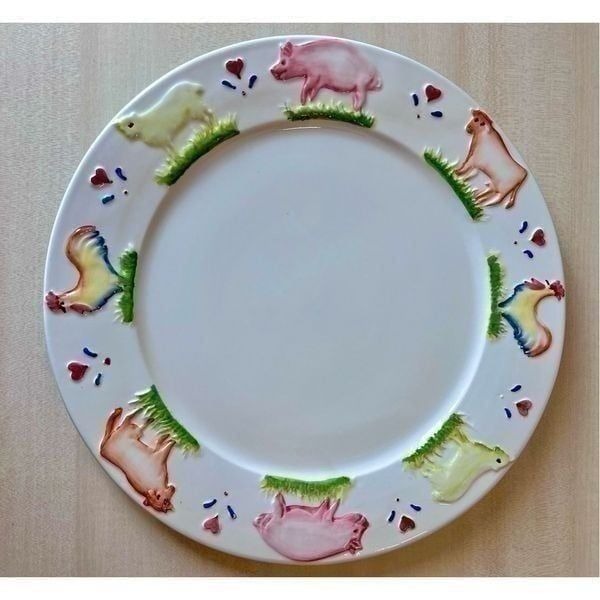 Stefani Italy Large Ceramic Plate Charger Farm Animals White Hand Painted Dish