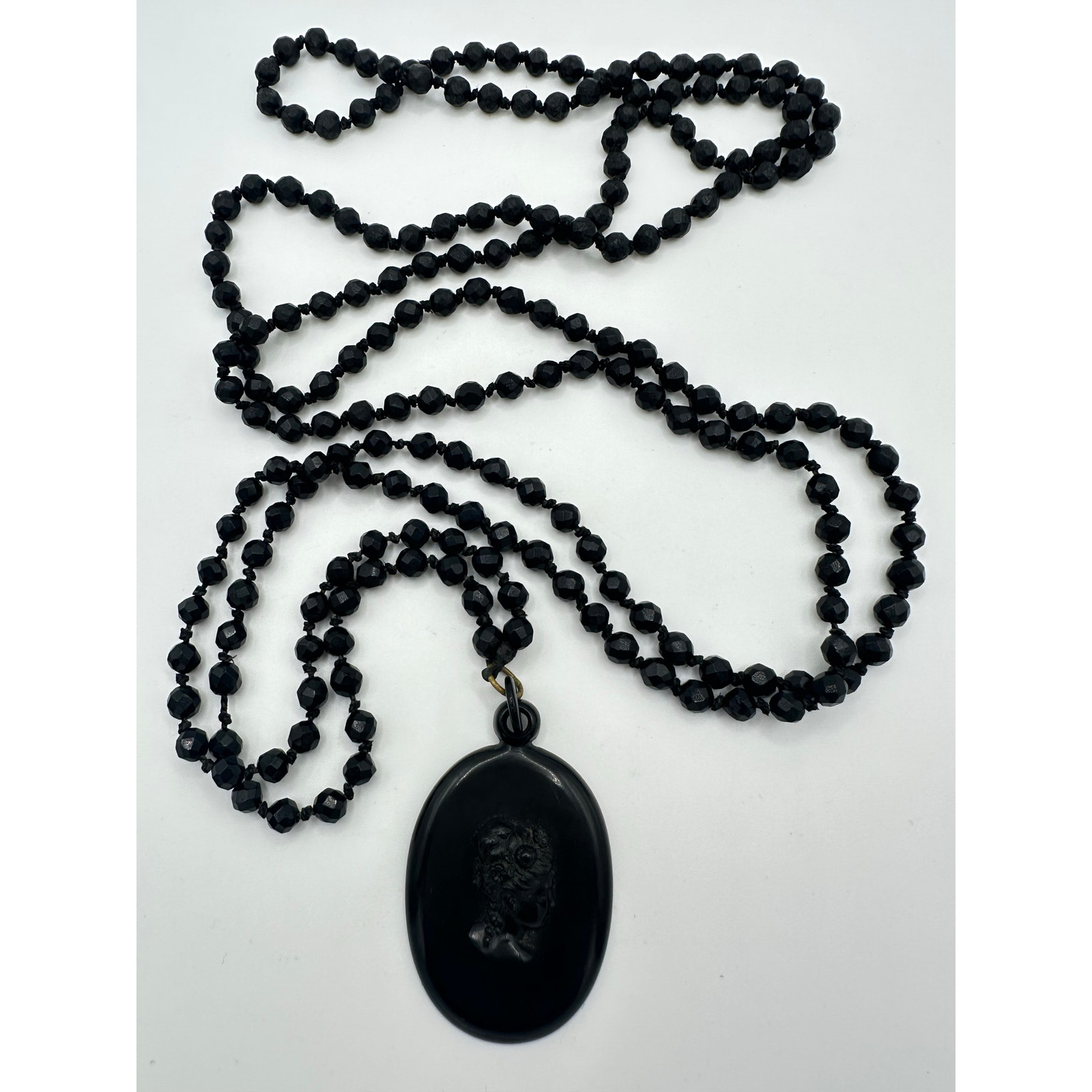 Antique Victorian Whitby jet black cameo vulcanite beaded 62” mourning necklace