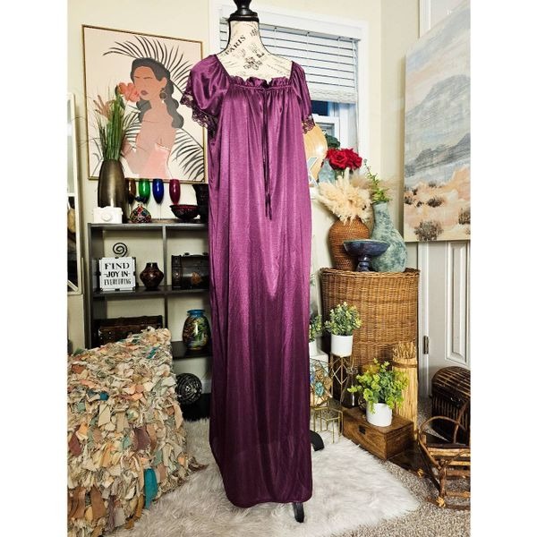 2XL Purple Silky Maxi Nightgown | Lace Trim Sleeves | Plus Size Lingerie | Soft