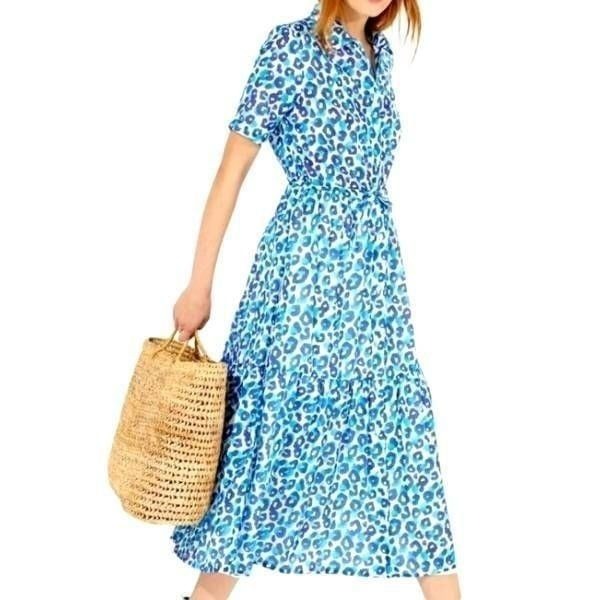 Vilagallo Eveline Midi Dress Blue Leopard Button Down Shirtdress Lined Size 46 (