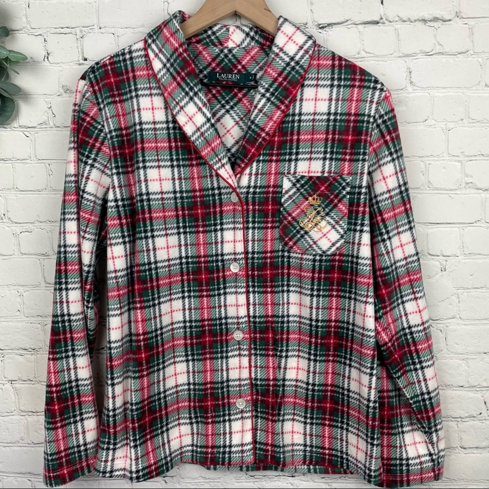LAUREN Ralph LAUREN Red Green Navy Flannel Pajama Top Pocket Logo size M