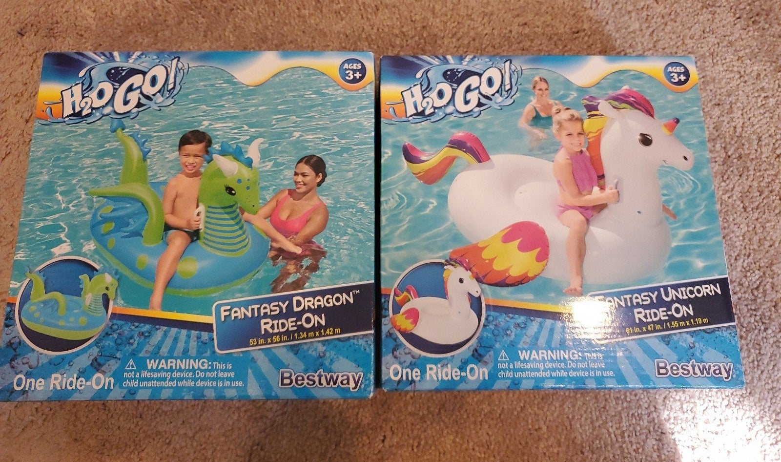 NiB, Lot Of 2 New Bestway H2OGO Fantasy Ride On Float Unicorn & Dragon Pool Raft