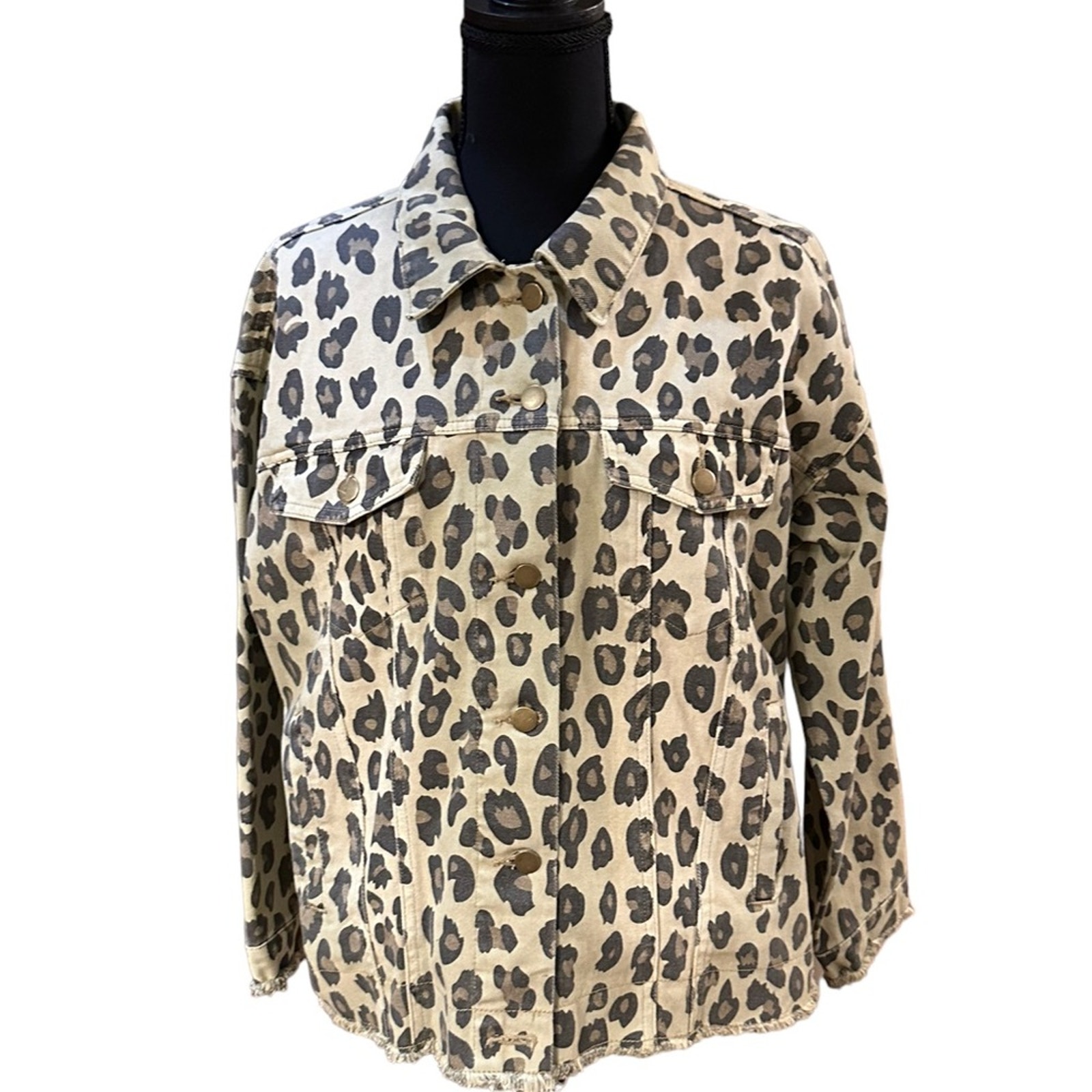 Easel Women's Small Tan and Black Leopard Print Denim Jacket with Raw Edges