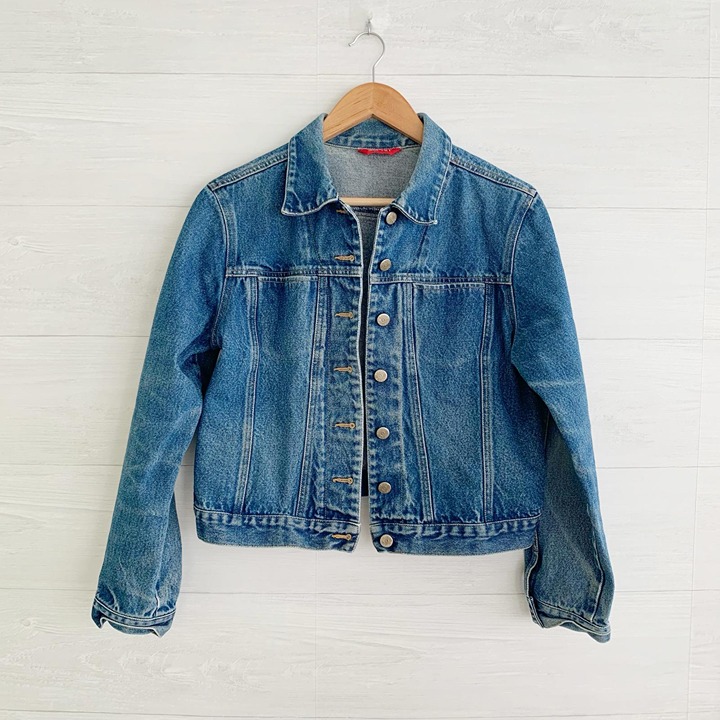 Vintage Espirit - Blue denim cropped jean jacket distressed wear, M