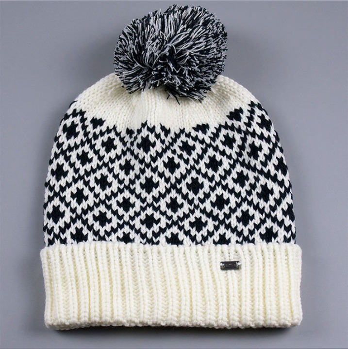 Cheap Acrylic Winter Jacquard Knitted Beanie Folded Edge with POM-POM
