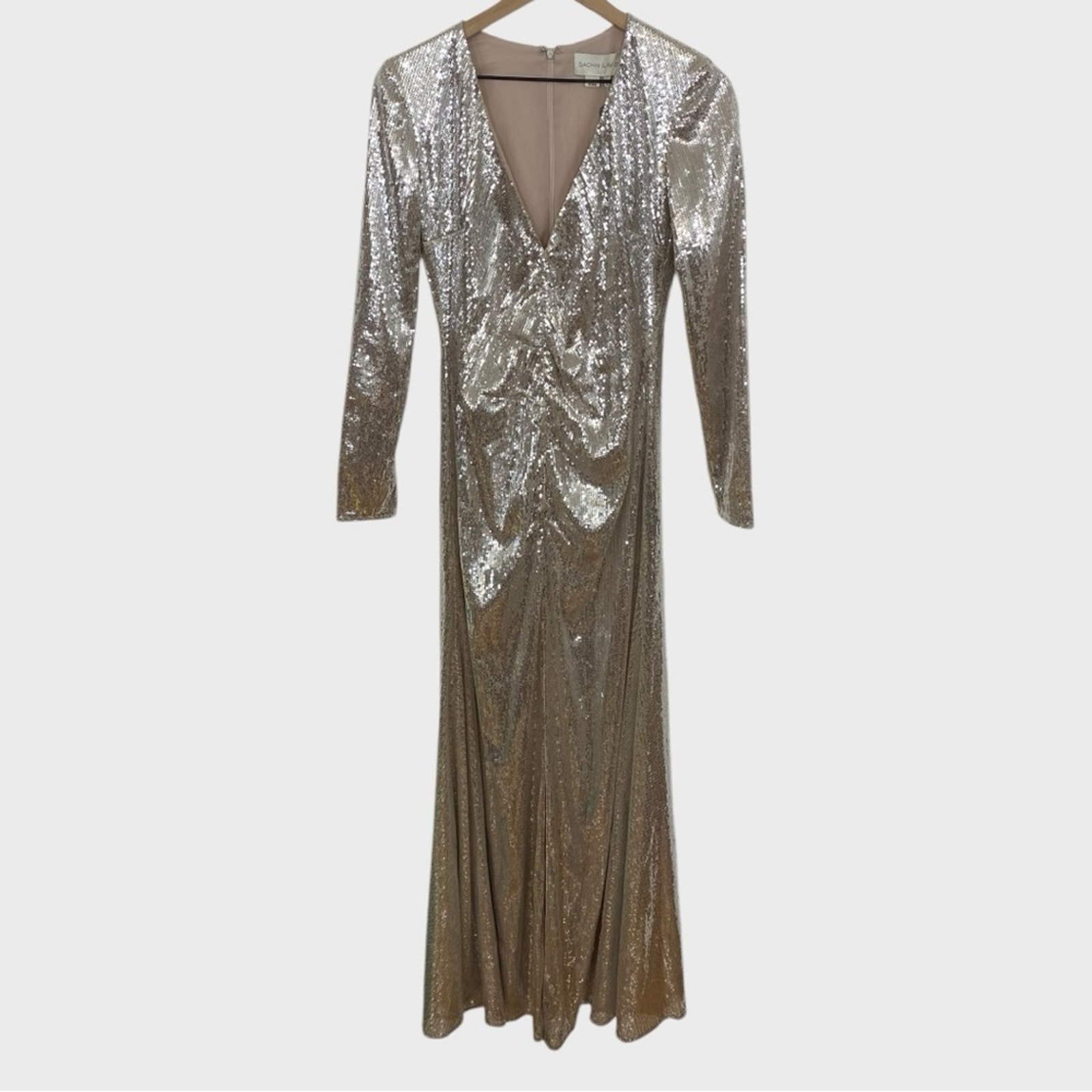 Sachin & Babi Silver Sequin Front Ruched Front Slit Long Sleeve Gown NWT Size 2