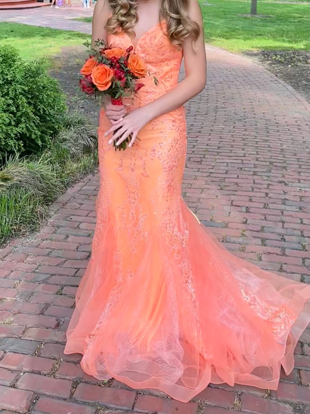 Prom Dress size 6 (bright orange, criss cross back)