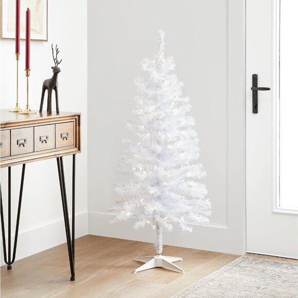 New 4ft Pre-Lit White Artificial Christmas Tree with Tinsel, Lights & Stand