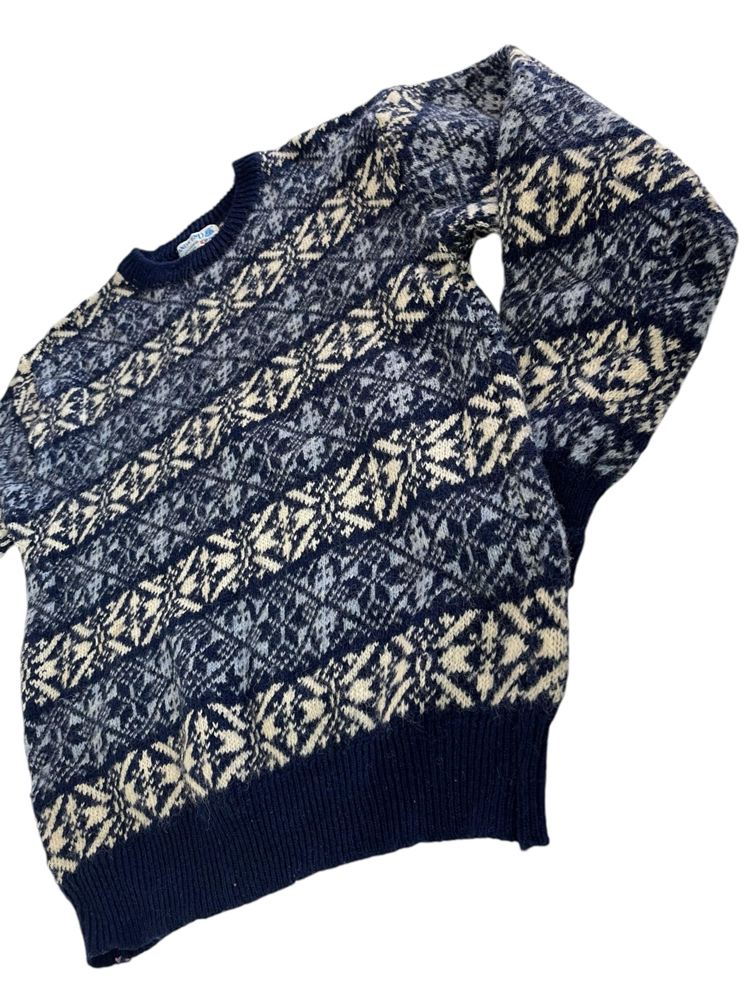 Vintage Lands End Sweater X-Large 100% Shetland Wool Fair Isle Unisex Navy Blue