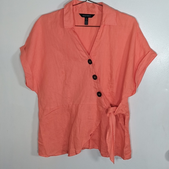 Ellen Tracy Collared Coral Wrap Side Tie 100% Linen blouse Women's Size Large