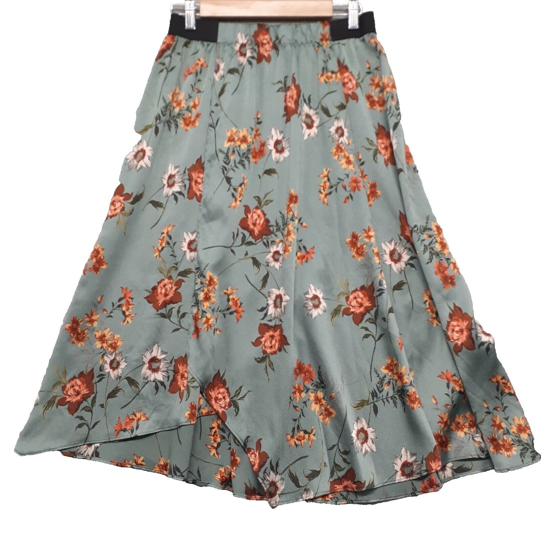 Zara Basic Ladies Floral Green Scalloped Bottom Elastic Waist Midi Skirt Sz L