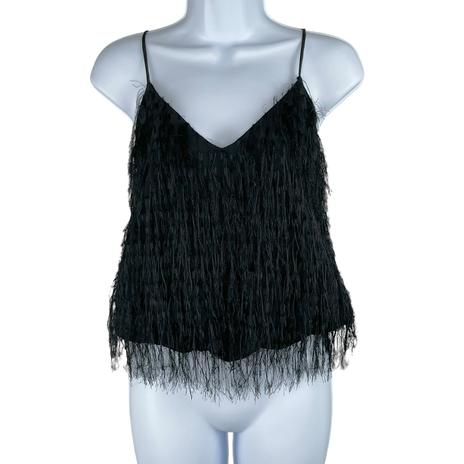 Pinko Luxury Black Eyelash Fringe Sleeveless V-Neck Camisole Tank Top US 2/38