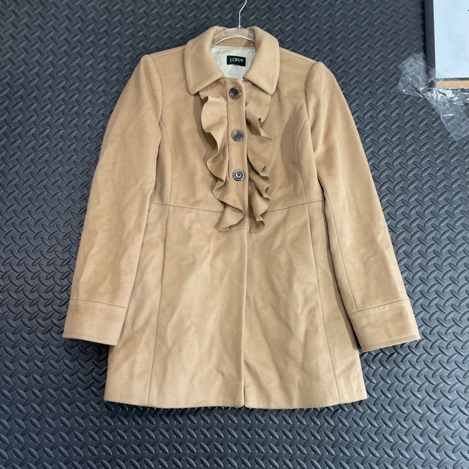 J. Crew Brown Ruffle Button Up Wool Pea Coat Women's Size 6