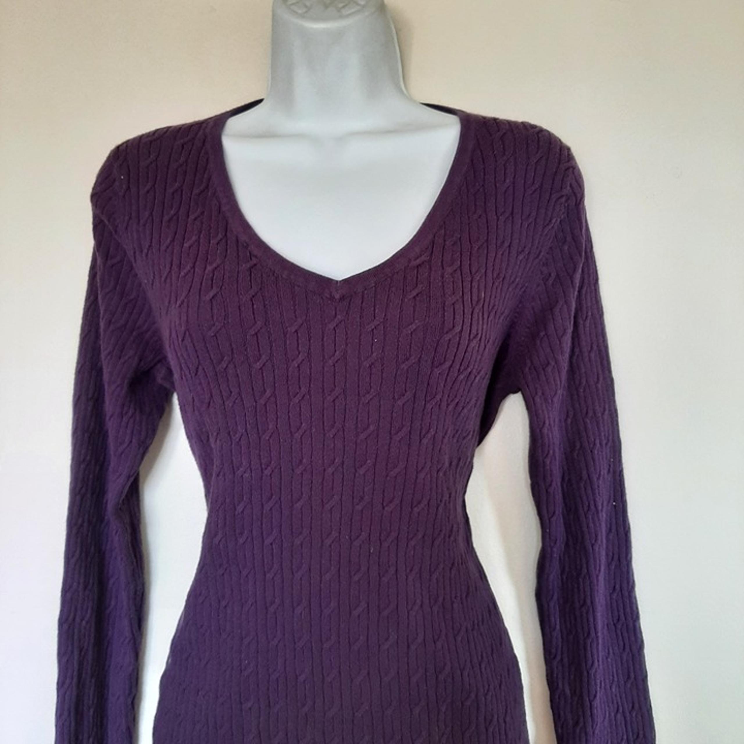 Talbots Women's Purple Pima Cotton Cable Knit V-Neck Sweater Large