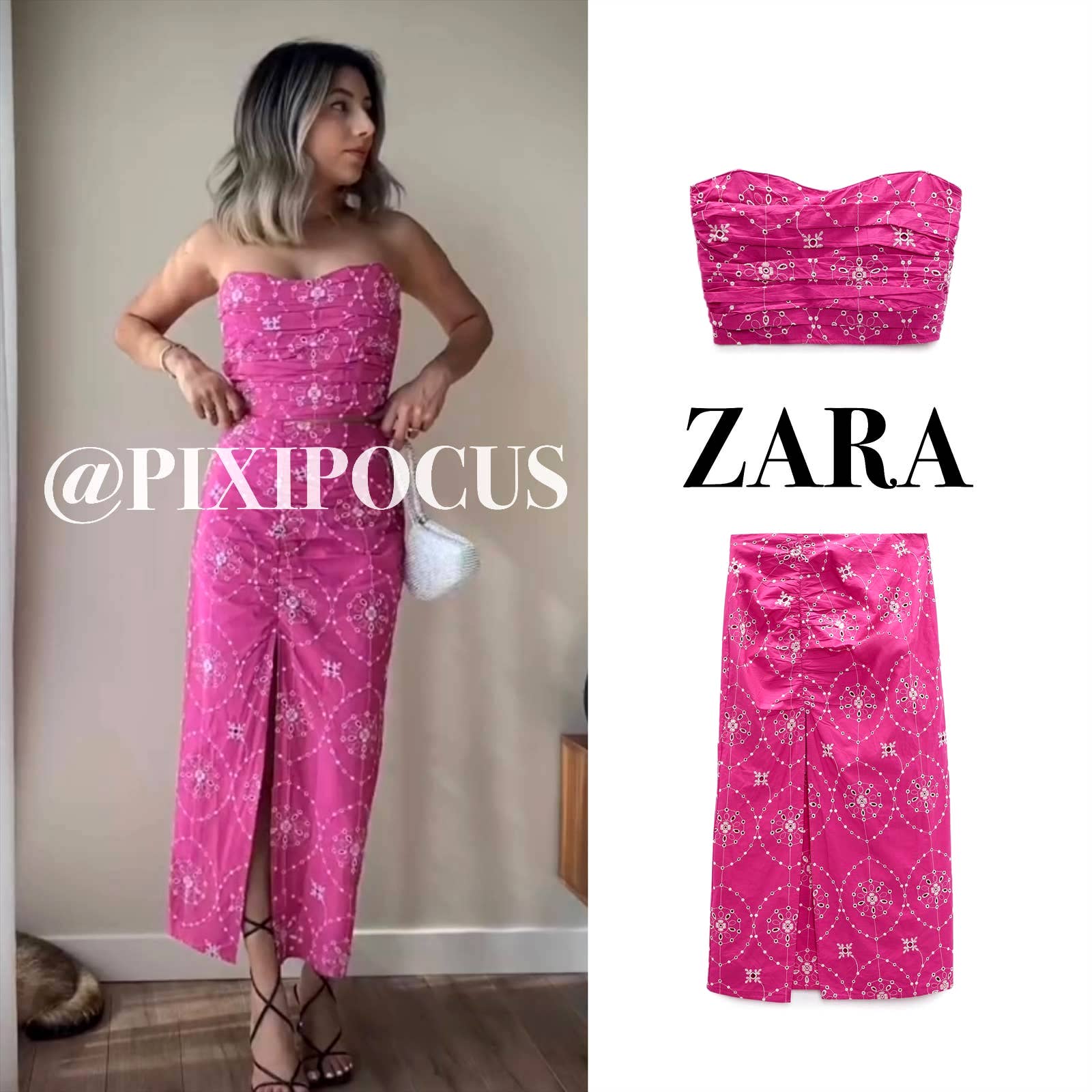 ZARA 2 PIECES CORSET TOP + EMBROIDERED EYELET SKIRT PINK XS