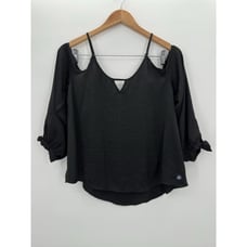 Hollister Cold Shoulder Keyhole Black Satin Top Women's Size Medium NEW
