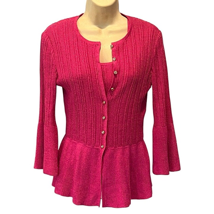 St. John Raspberry Pink Metallic Knit Peplum Cardigan + Tank Top 2 PC Set Sz P