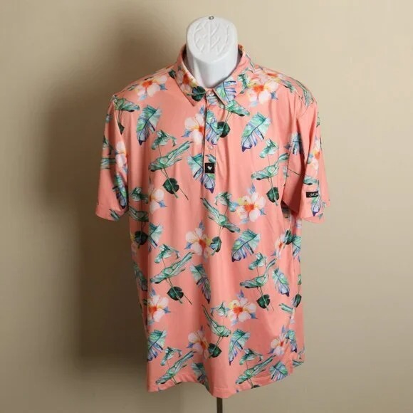Bad Birdie Men's peach floral short sleeve golf polo shirt Large L EUC